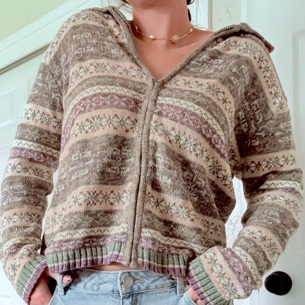 Y2K Tiara International Rainbow Fair Isle Icelandic Knit Zip Up Sweater